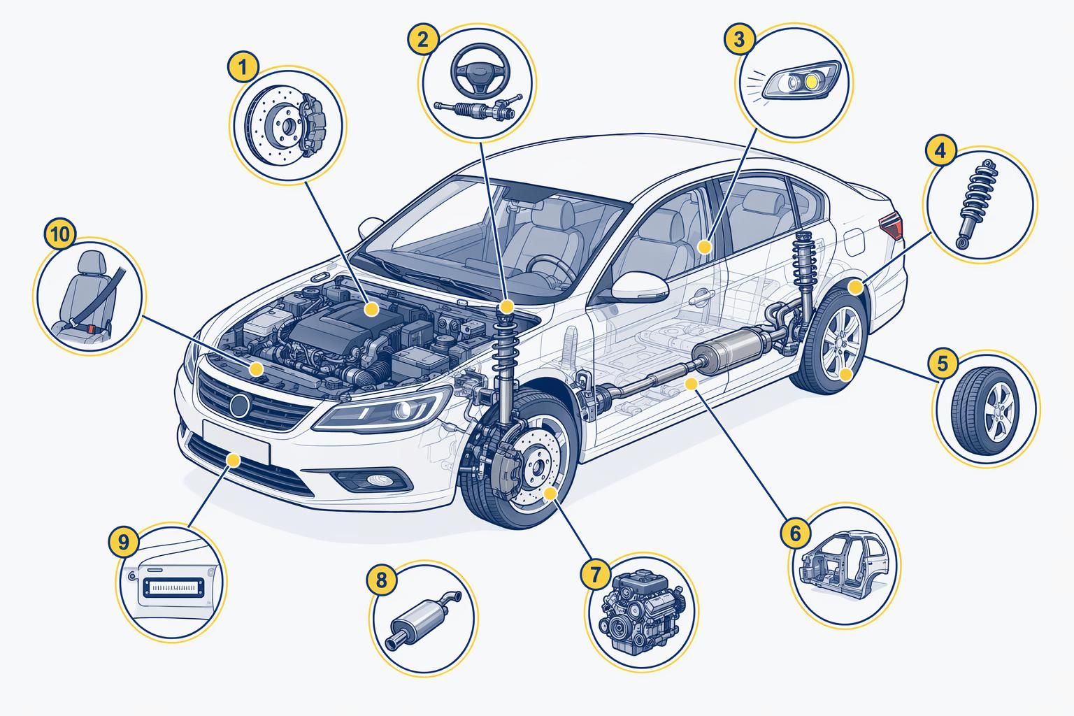 Schéma technique des 10 catégories du contrôle technique automobile
